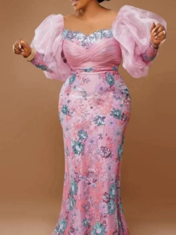 African Wedding Party Dresses for Women Autumn Africa Elegant Long Sleeve Pink Evening Long Robes African Gowns African Clothing