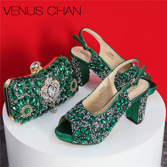 Sandals Newest INS Style Green Color Elegant Low Heels Nigeria Popular Design African Ladies Shoes And Bag Set for Wedding Party