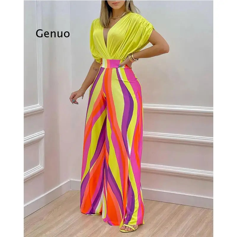 Elegant Two Piece Set Women Fashion V-Neck Bat Sleeve Top Printed Wide-Leg Pants Suit 2022 Spring Summer Casual Women Suits