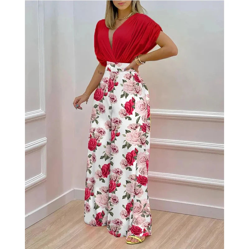 Elegant Two Piece Set Women Fashion V-Neck Bat Sleeve Top Printed Wide-Leg Pants Suit 2022 Spring Summer Casual Women Suits