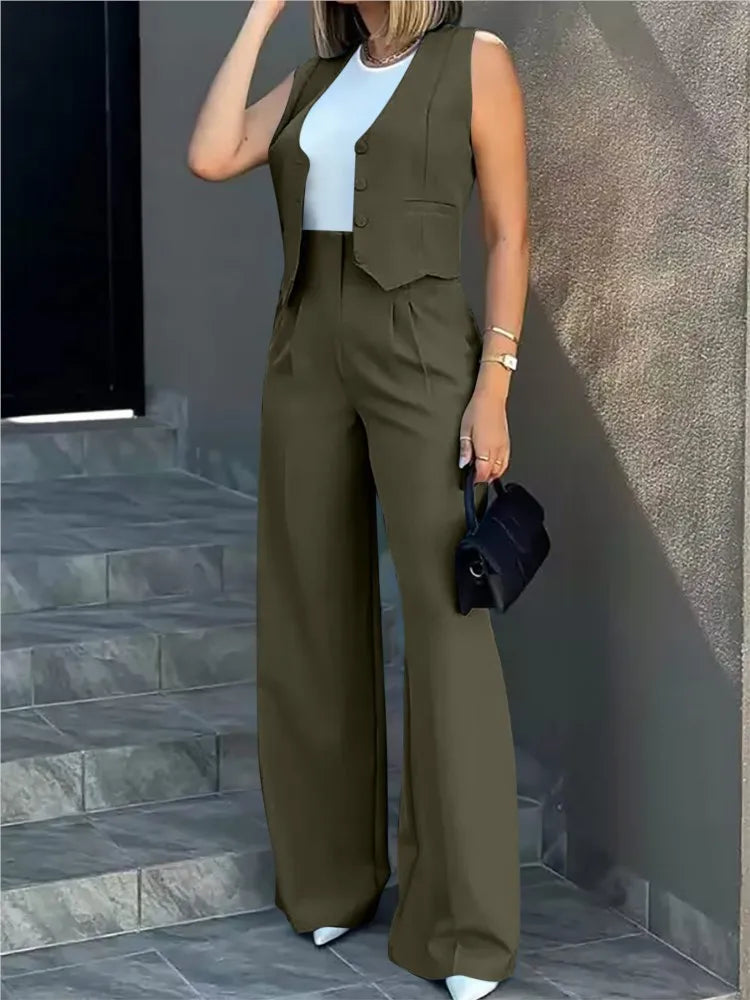 Elegant Women's Two Piece Sets Spring Solid Sigle-breasted Waistcoat Top & Wide Leg Pants Casual Outfits High Waist Streetwear