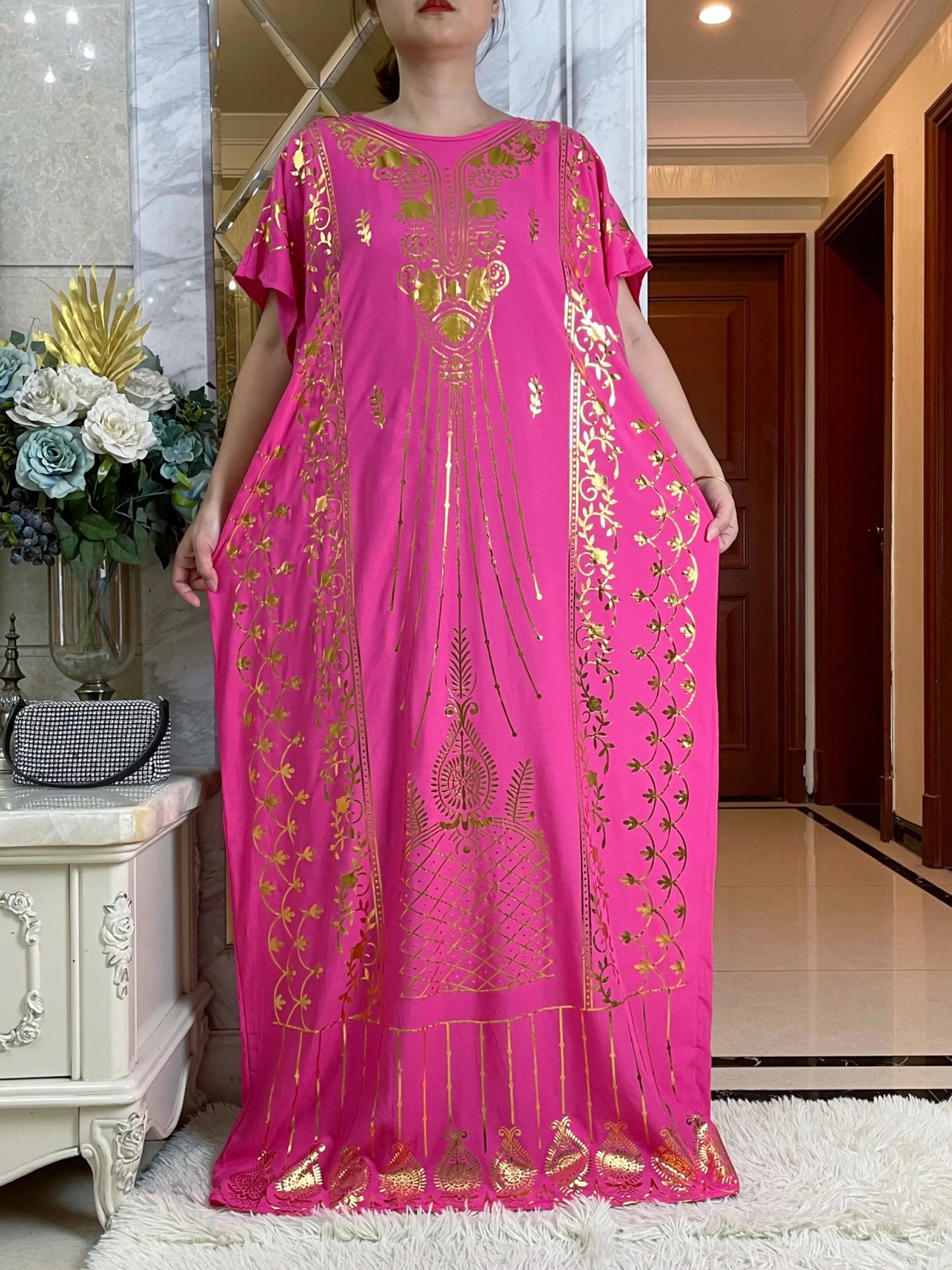 2024New Summer Loose Short Sleeve Cotton Robe Gold Stamping  Boubou Maxi Islam Femme Dress With Big Scarf African Abaya Clothes