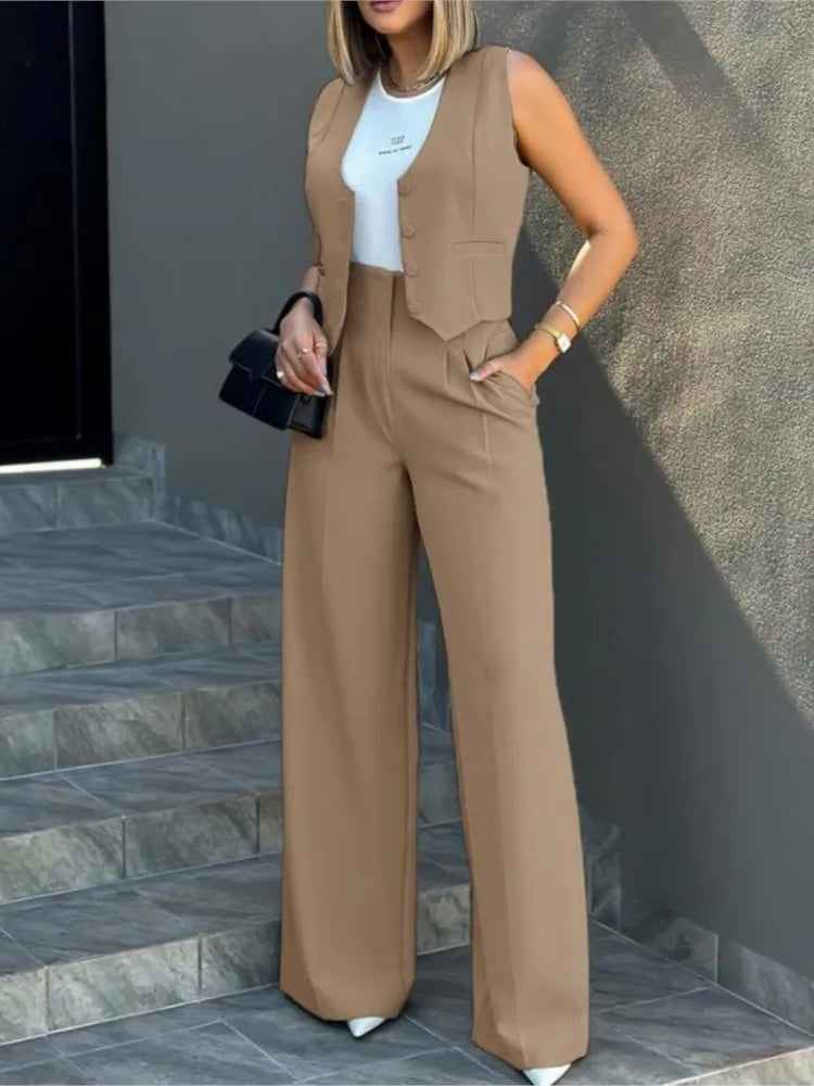 Elegant Women's Two Piece Sets Spring Solid Sigle-breasted Waistcoat Top & Wide Leg Pants Casual Outfits High Waist Streetwear