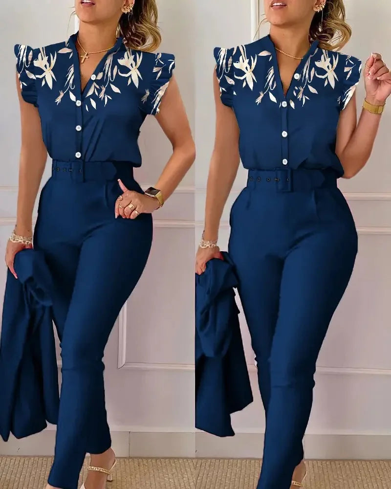 Elegant Print Shirt And Pants Two Piece Sets Women Pants Spring Autumn Fashion Long Sleeve Shirts High Waist Pant Casual Suits