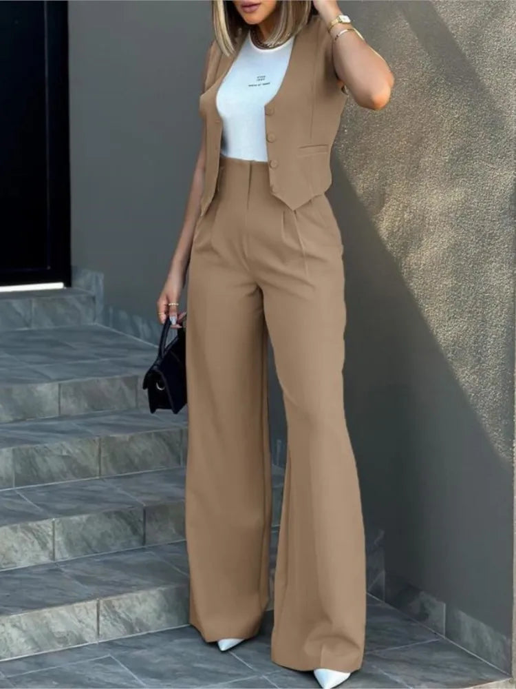 Elegant Women's Two Piece Sets Spring Solid Sigle-breasted Waistcoat Top & Wide Leg Pants Casual Outfits High Waist Streetwear