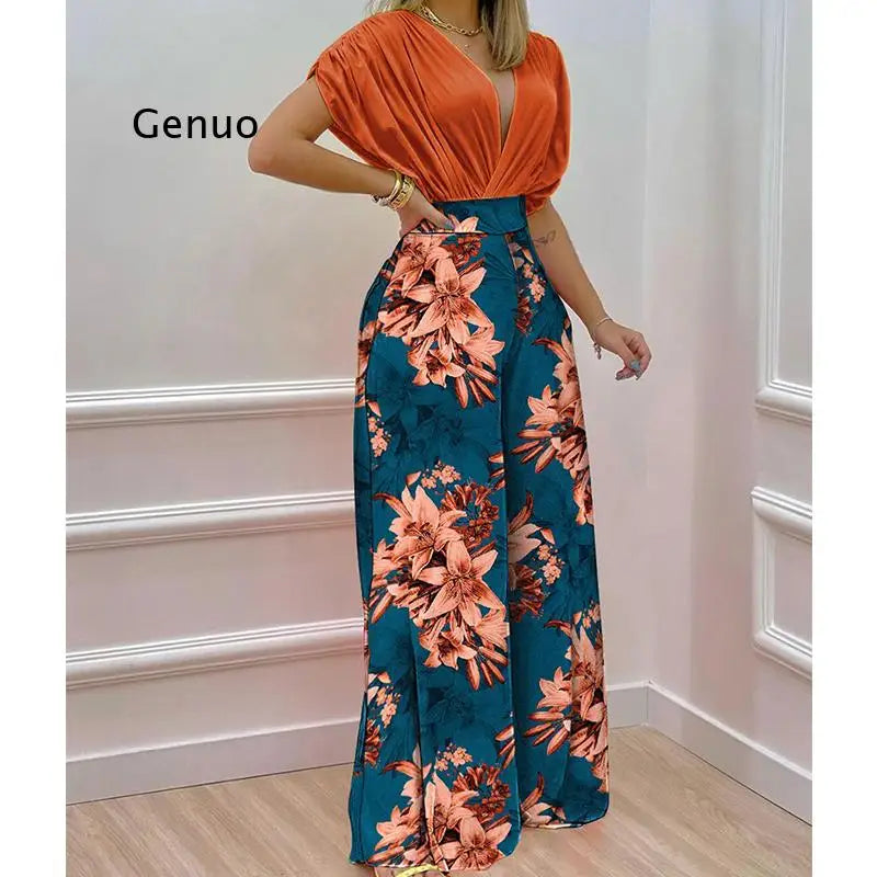 Elegant Two Piece Set Women Fashion V-Neck Bat Sleeve Top Printed Wide-Leg Pants Suit 2022 Spring Summer Casual Women Suits