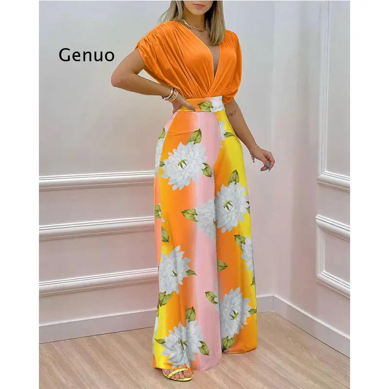 Elegant Two Piece Set Women Fashion V-Neck Bat Sleeve Top Printed Wide-Leg Pants Suit 2022 Spring Summer Casual Women Suits