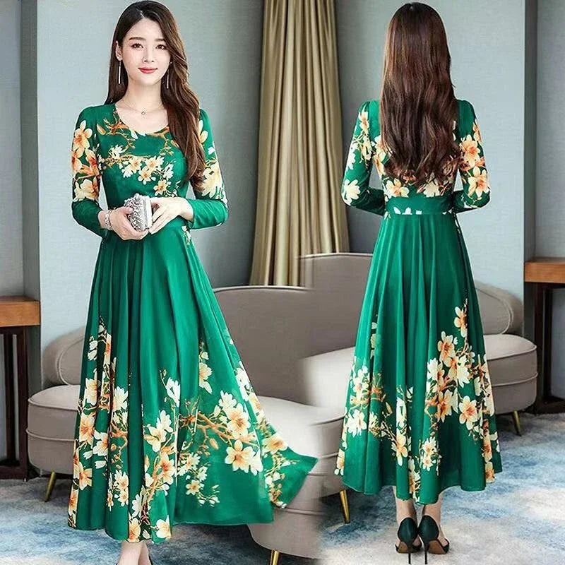 Popular spring and autumn temperament long sleeved floral medium and long women's dress