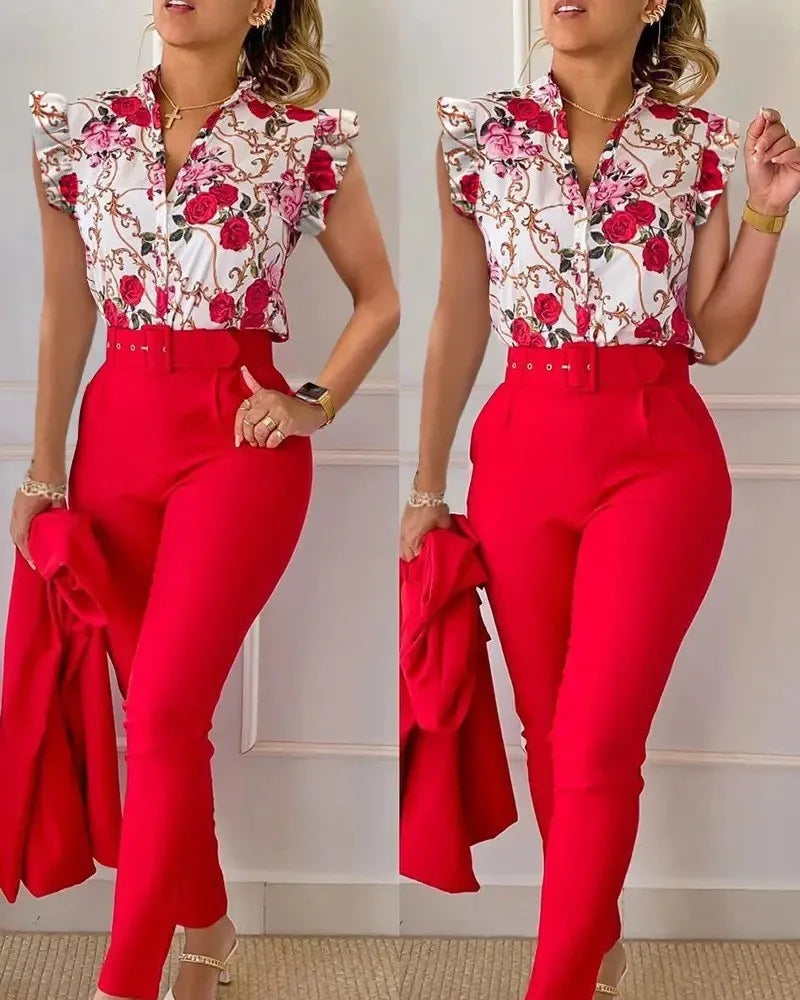 Elegant Print Shirt And Pants Two Piece Sets Women Pants Spring Autumn Fashion Long Sleeve Shirts High Waist Pant Casual Suits