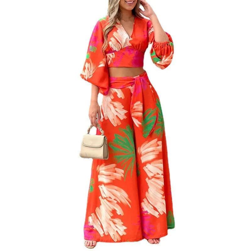 Two Piece Sets Women 2023 Autumn V Neck Print Shirt Wide Leg Pants High Waist Elegant Casual Suit Set Office Lady 2 Pieces