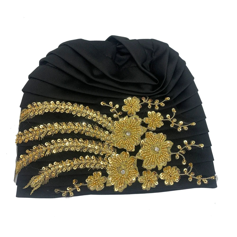 African Female Wrap Head Bonnet Muslim Turban Hat  Lady Head Wraps Luxury Embroidery Beading Pleated Turban Cap for Women