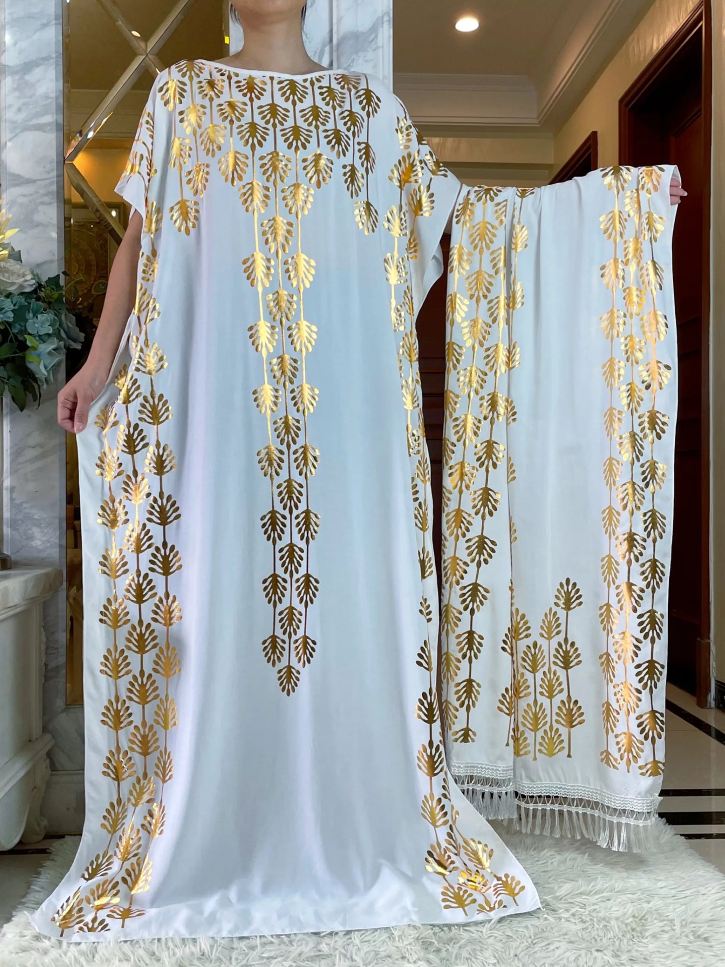 2024New Summer Loose Short Sleeve Cotton Robe Gold Stamping  Boubou Maxi Islam Femme Dress With Big Scarf African Abaya Clothes