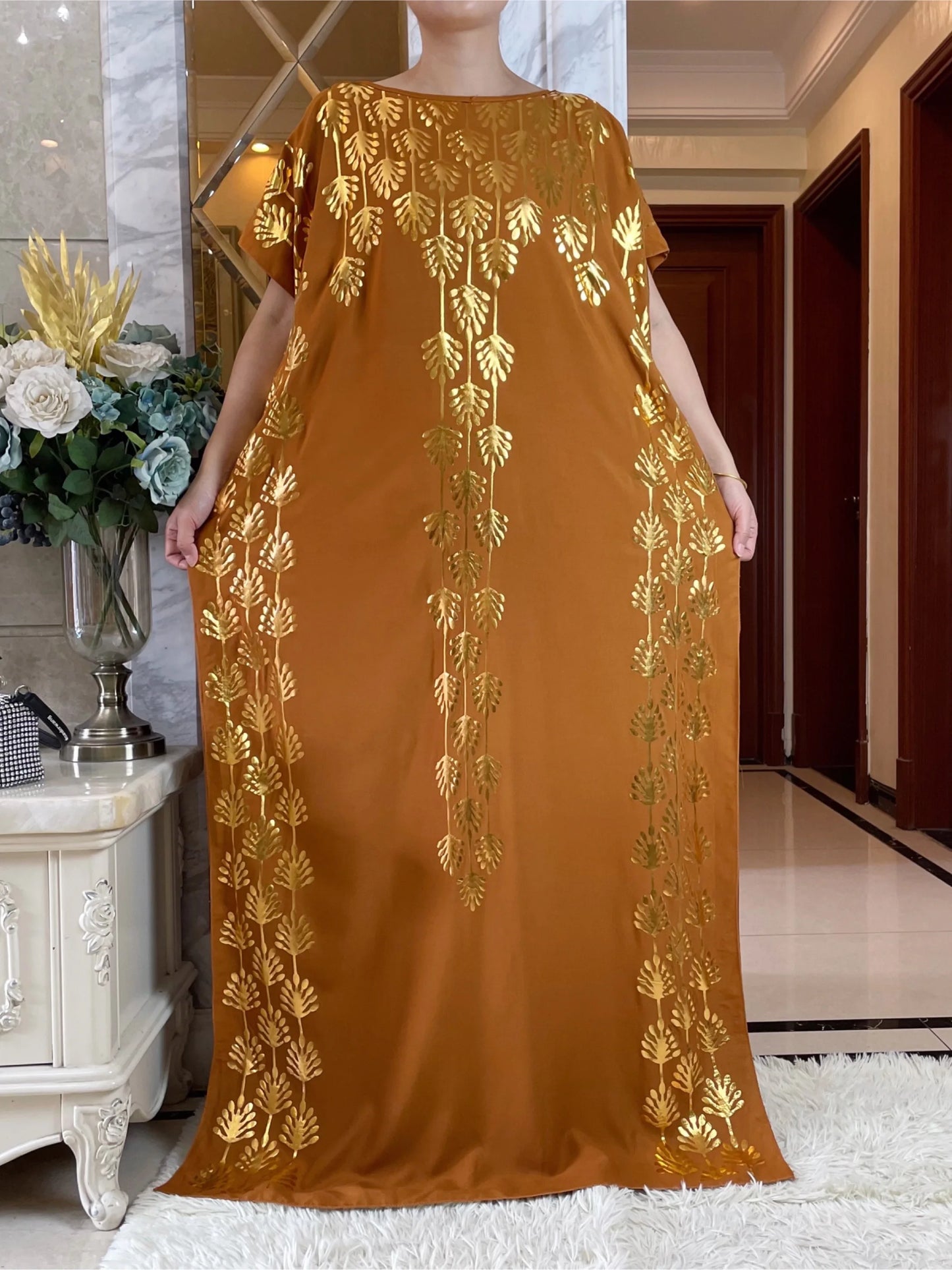 Dubai New Abaya For Women  Summer Short Sleeve Cotton Dress Gold Stamping Loose Lady Maxi Islam African Dress With Big Scarf