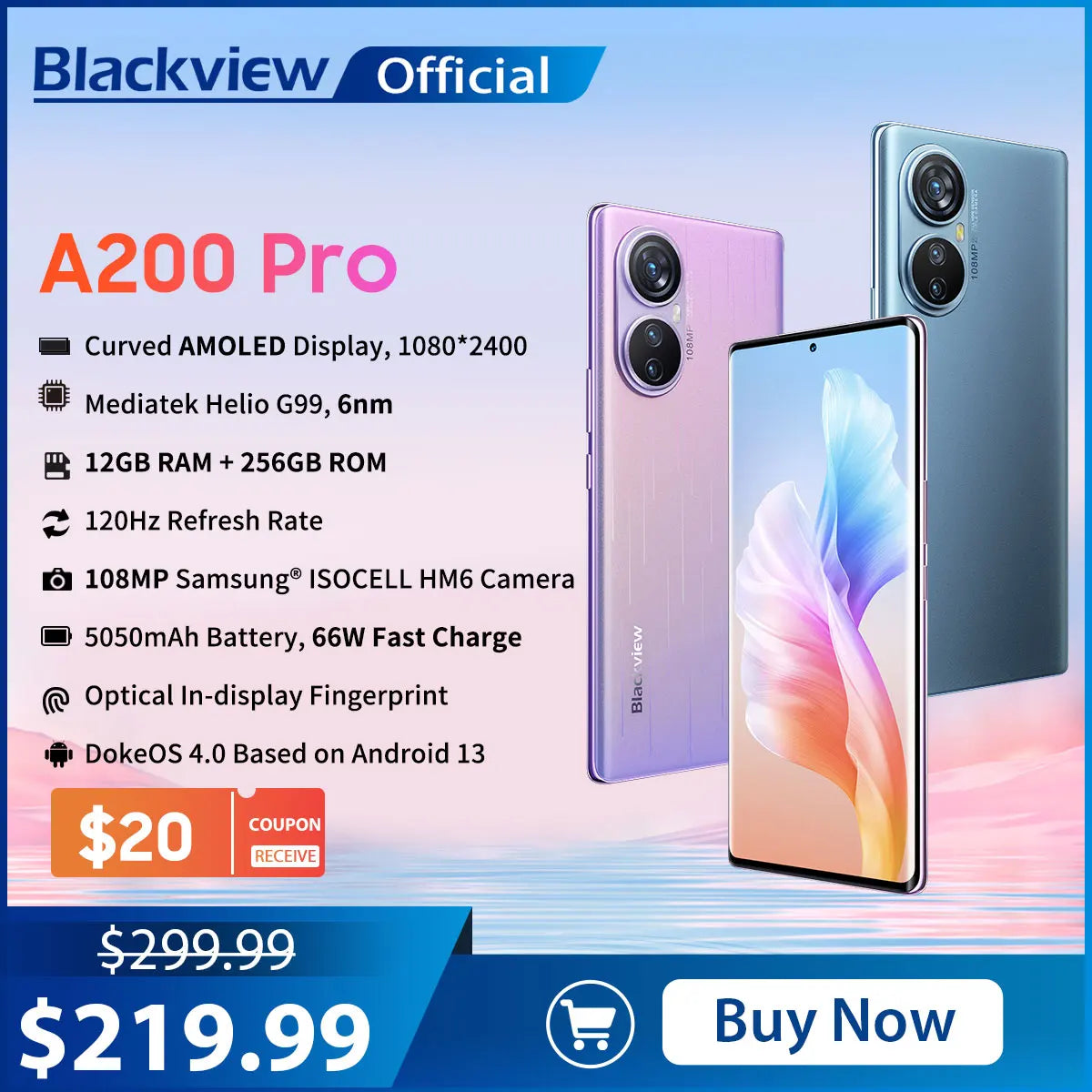 Blackview A200 Pro Unlocked Smartphone G99 12GB 256GB Android 13 Phone 6.67'' 120HZ AMOLED Display 108MP Camera 66W Fast PD, NFC