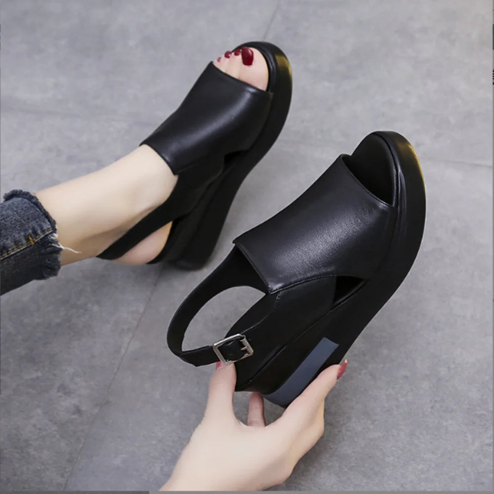 Thick-soled Wedge Sandals Women 2022 New Summer High-heeled Fish Mouth Women's Shoes Soft Leather High Platform Shoes Slippers