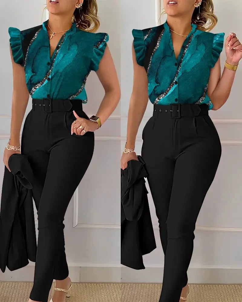 Elegant Print Shirt And Pants Two Piece Sets Women Pants Spring Autumn Fashion Long Sleeve Shirts High Waist Pant Casual Suits