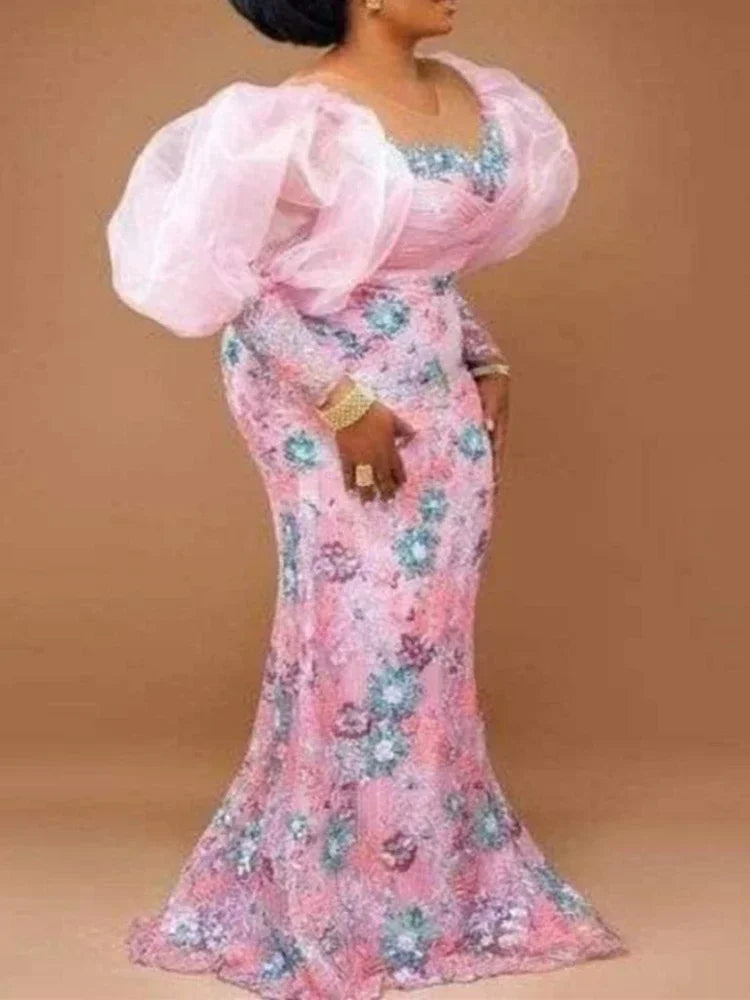 African Wedding Party Dresses for Women Autumn Africa Elegant Long Sleeve Pink Evening Long Robes African Gowns African Clothing