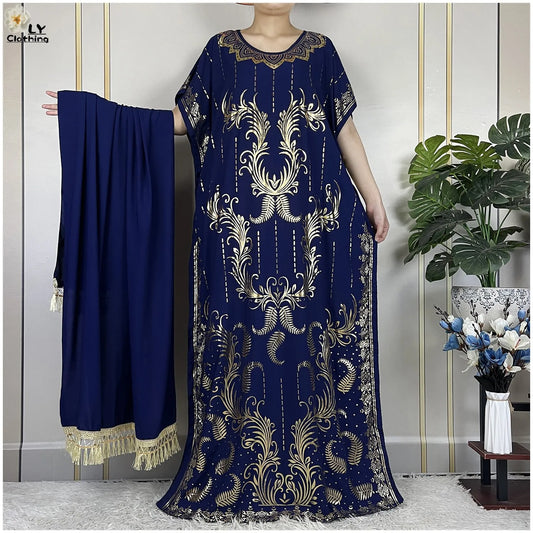 New Summer Abaya For Women Casual Short Sleeve Soft Cotton Dress Dubai Kaftan Loose Lady Maxi Islam African Dress With Big Scarf