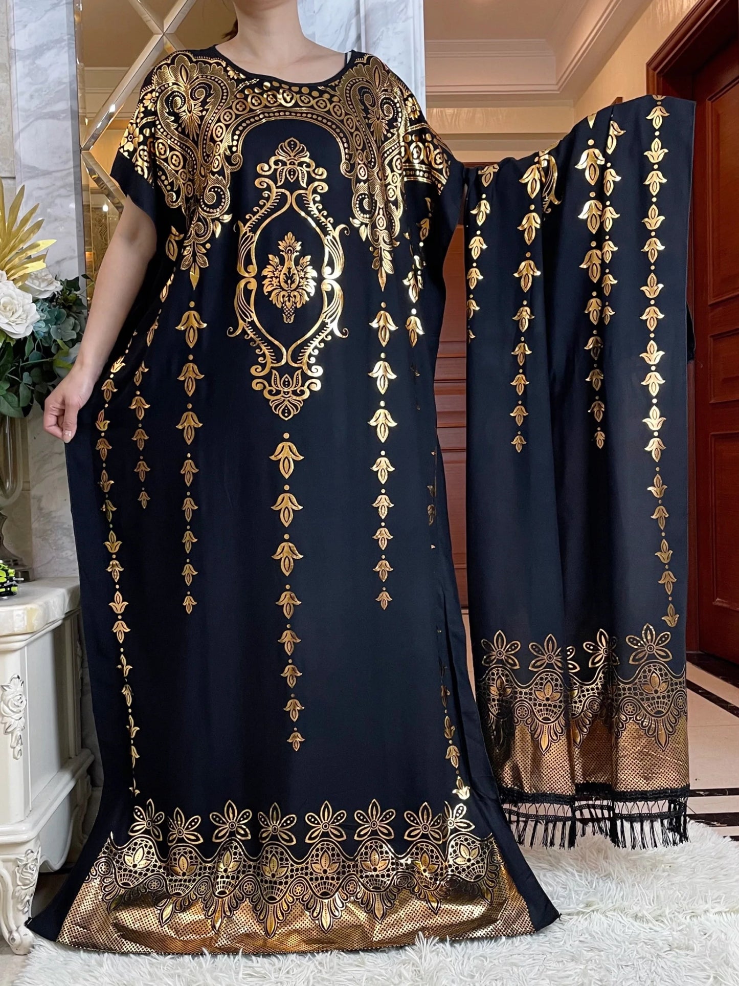 2024New Summer Loose Short Sleeve Cotton Robe Gold Stamping  Boubou Maxi Islam Femme Dress With Big Scarf African Abaya Clothes