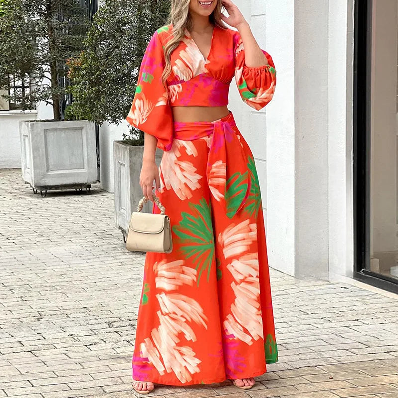 Two Piece Sets Women 2023 Autumn V Neck Print Shirt Wide Leg Pants High Waist Elegant Casual Suit Set Office Lady 2 Pieces