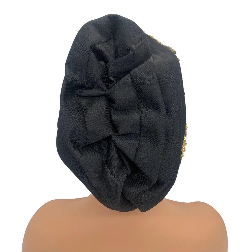 African Female Wrap Head Bonnet Muslim Turban Hat  Lady Head Wraps Luxury Embroidery Beading Pleated Turban Cap for Women