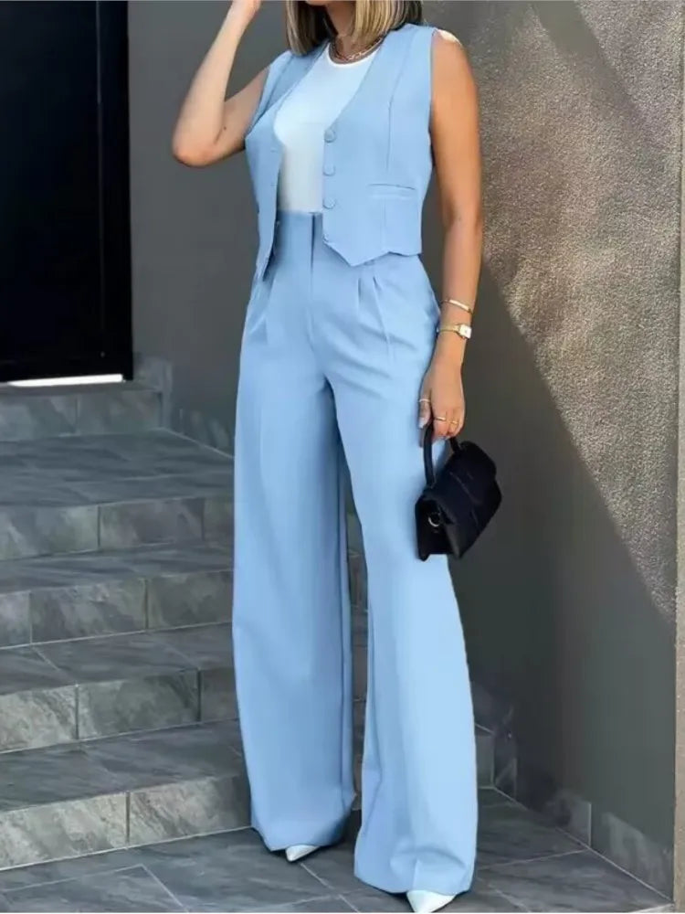 Elegant Women's Two Piece Sets Spring Solid Sigle-breasted Waistcoat Top & Wide Leg Pants Casual Outfits High Waist Streetwear