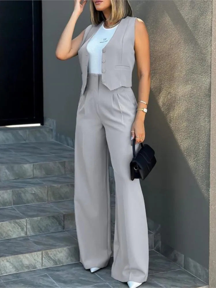 Elegant Women's Two Piece Sets Spring Solid Sigle-breasted Waistcoat Top & Wide Leg Pants Casual Outfits High Waist Streetwear