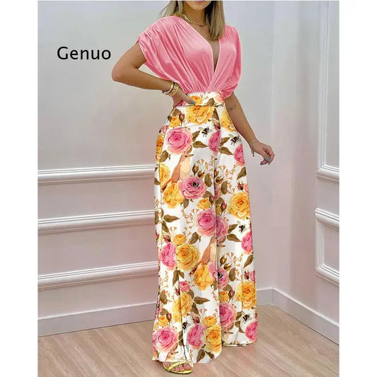 Elegant Two Piece Set Women Fashion V-Neck Bat Sleeve Top Printed Wide-Leg Pants Suit 2022 Spring Summer Casual Women Suits