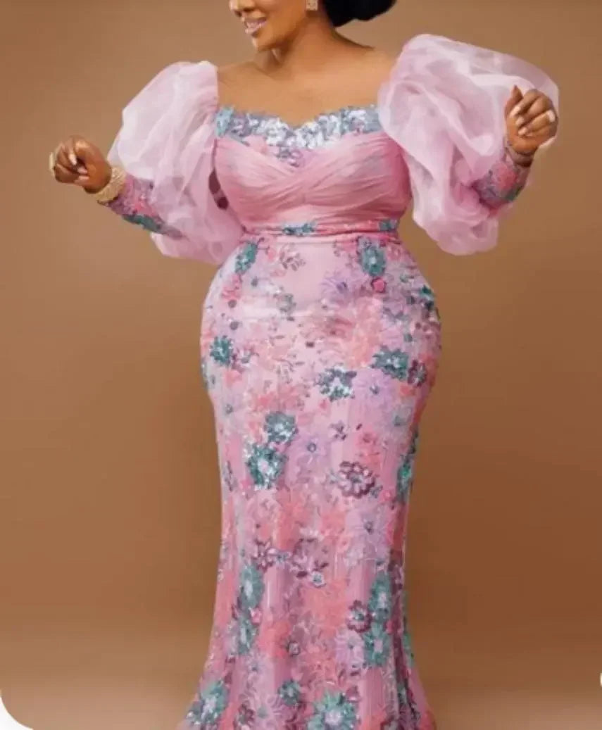 African Wedding Party Dresses for Women Autumn Africa Elegant Long Sleeve Pink Evening Long Robes African Gowns African Clothing