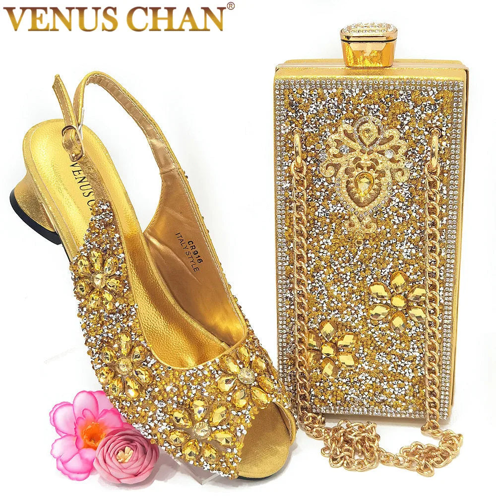 Venus Chan Summer Sandals for Party and Weddings Peep-Toe Bridal Shoes Women 2023 Comfortable Shoes and Bag Set for Lady