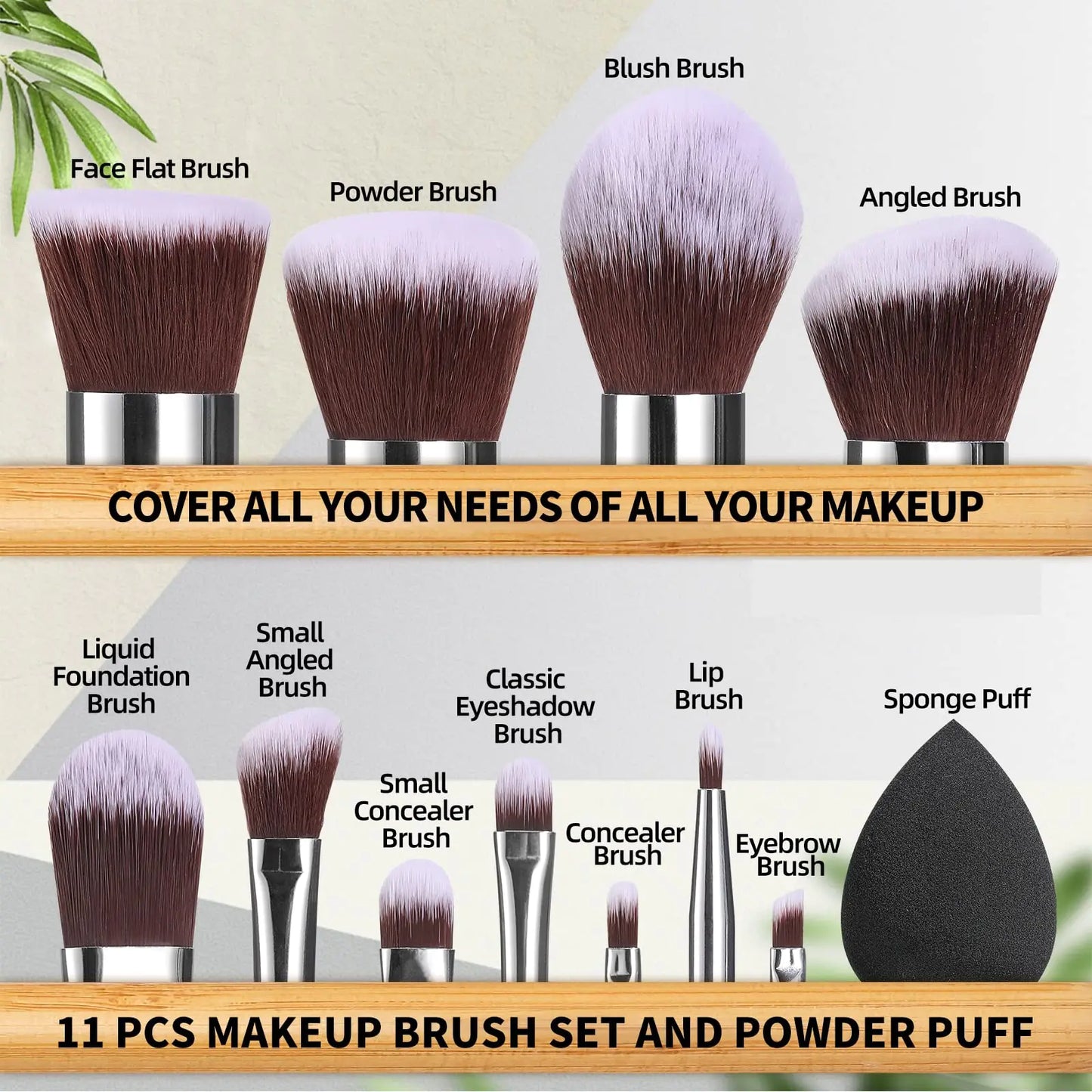 BS-MALL Makeup Brush Set 11Pcs Bamboo Synthetic Kabuki Brush Set Foundation Powder Blending Concealer Eye shadows Blush Cosmetics Brushes with Organizer Bag & Makeup Sponge Bamboocolor