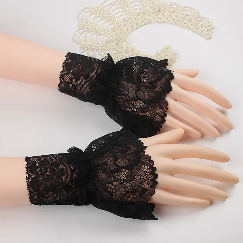 Womens Halloween Gothic Black Lace Wrist Cuffs Bracelets Party Sunscreen Rhinestone Bowknot Fingerless Gloves