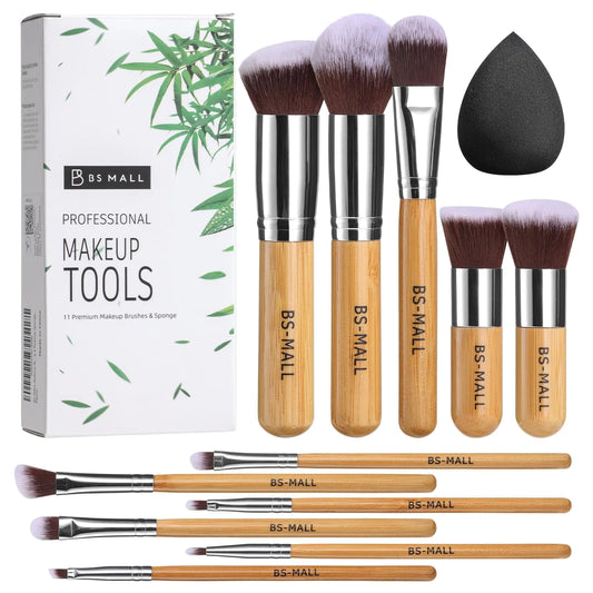 BS-MALL Makeup Brush Set 11Pcs Bamboo Synthetic Kabuki Brush Set Foundation Powder Blending Concealer Eye shadows Blush Cosmetics Brushes with Organizer Bag & Makeup Sponge Bamboocolor