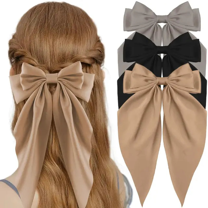 3Pcs Elegant Bow Ribbon Hair Clip for Women Fashion Solid Satin Spring Clip Hairpin Headband with Clips Girls Hair Accessories