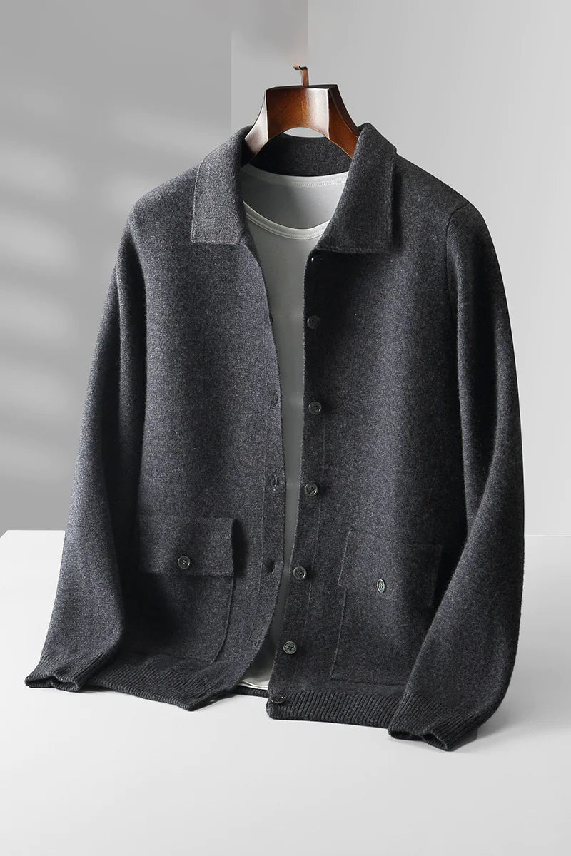 Men's Polo Collar Solid Color Wool Cardigan