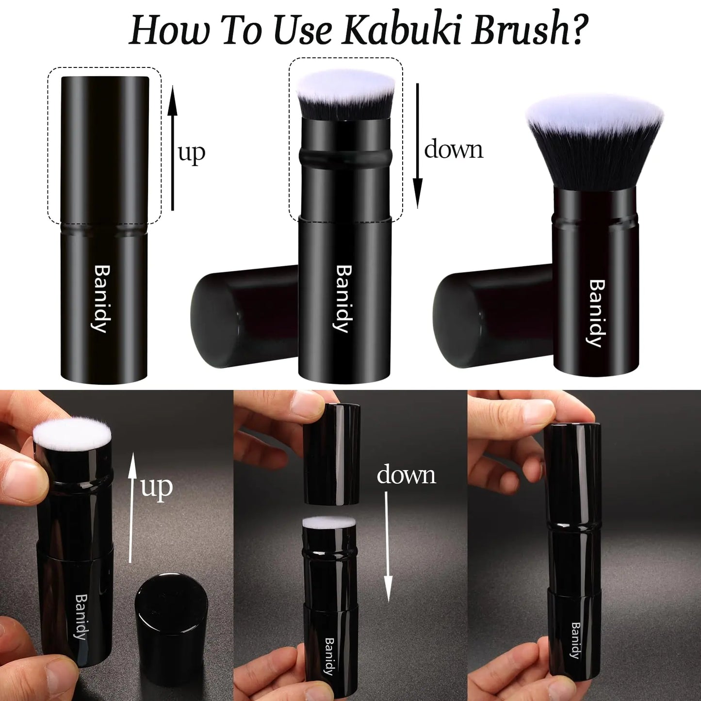 Makeup Brush Kabuki Face Brushes Retractable Travel Blush Brush Portable Flawless for Foundation, Powder Blush, Bronzer, Buffing, Liquid, Cream, Cruelty Free with Cover(Flat-Head) Flat-Head-Black