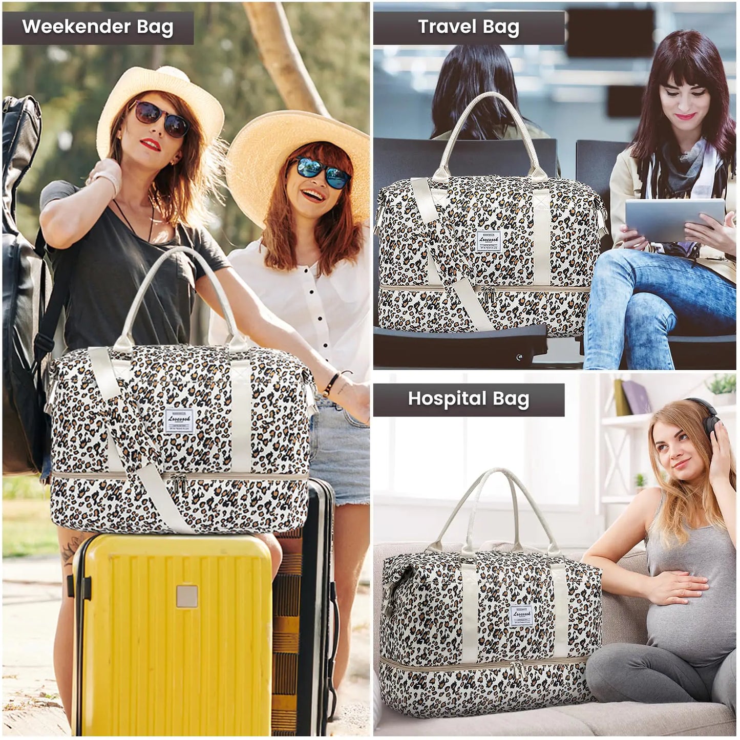 LOVEVOOK Travel Duffle Bag,Weekender Bags for Women with Shoe Compartment，Carry on Overnight Bag with Toiletry Bag,Gym Duffel Bag with Wet Pocket, Hospital Bags for Labor and Delivery Large-2 Pcs Leopard print-b